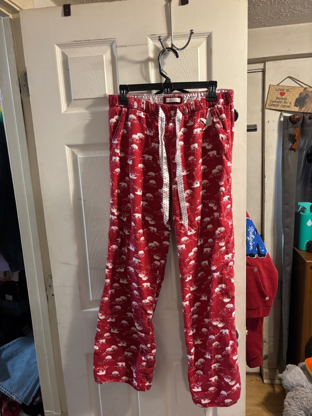 aerie Red Pajama Pants with White Holiday Print